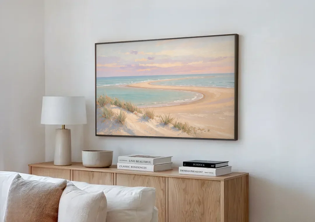 Pastel Beach Painting with Seafoam Lagoon canvas wall art above a wooden sideboard next to a sofa