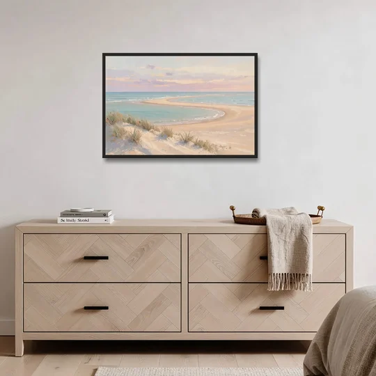 Pastel Beach Painting with Seafoam Lagoon - Black Framed Canvas Wall Art - Coffee Table - 36x24