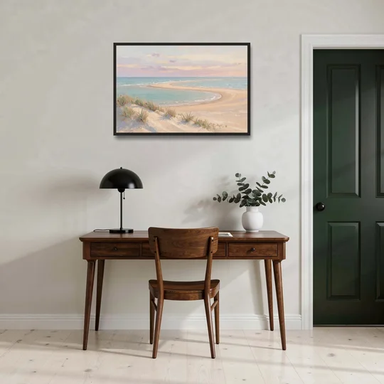 Pastel Beach Painting with Seafoam Lagoon - Black Framed Canvas Wall Art - Office - 36x24