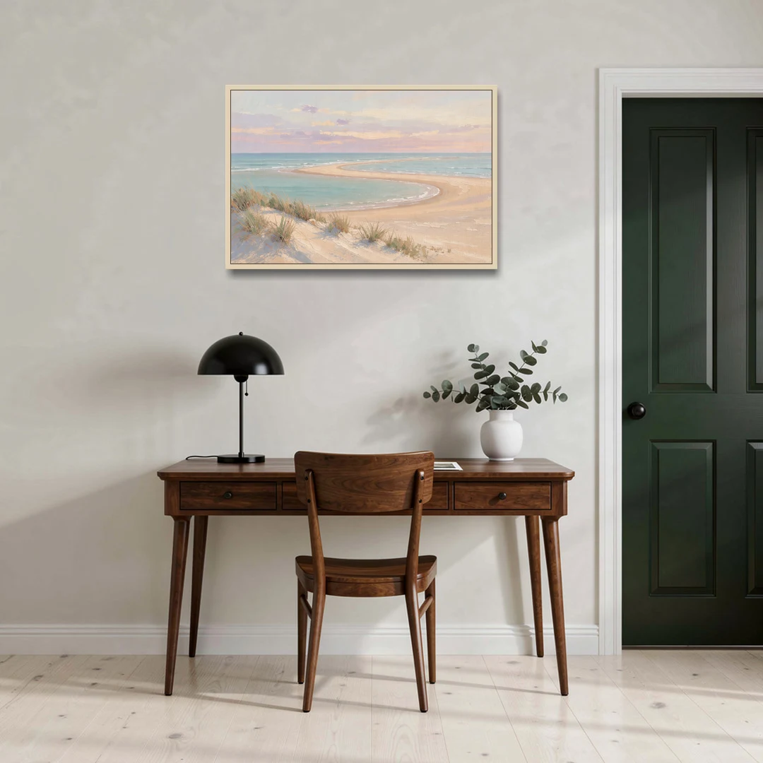 Pastel Beach Painting with Seafoam Lagoon - Oak Framed Canvas Wall Art - Office - 36x24