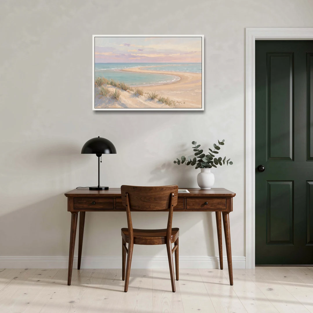 Pastel Beach Painting with Seafoam Lagoon - White Framed Canvas Wall Art - Office - 36x24