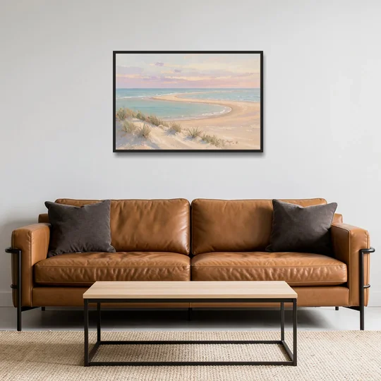 Pastel Beach Painting with Seafoam Lagoon - Black Framed Canvas Wall Art - Sofa - 36x24