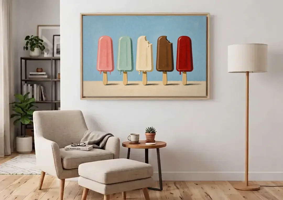 Pastel Wall Art with Five Popsicles in a Row canvas wall art above an armchair in a bright living room