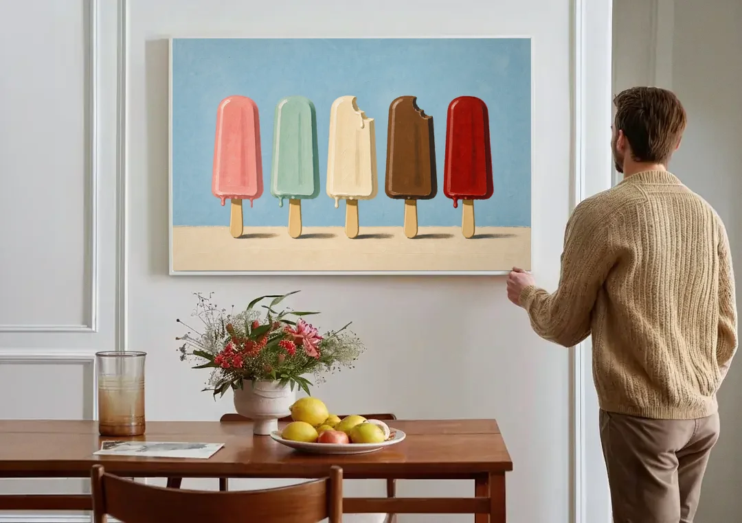Pastel Wall Art with Five Popsicles in a Row canvas wall art above a dining table
