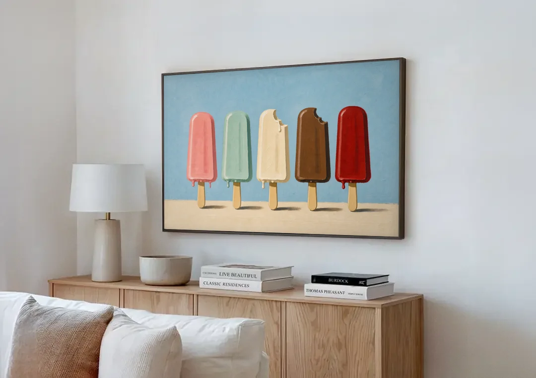Pastel Wall Art with Five Popsicles in a Row canvas wall art above a wooden sideboard next to a sofa