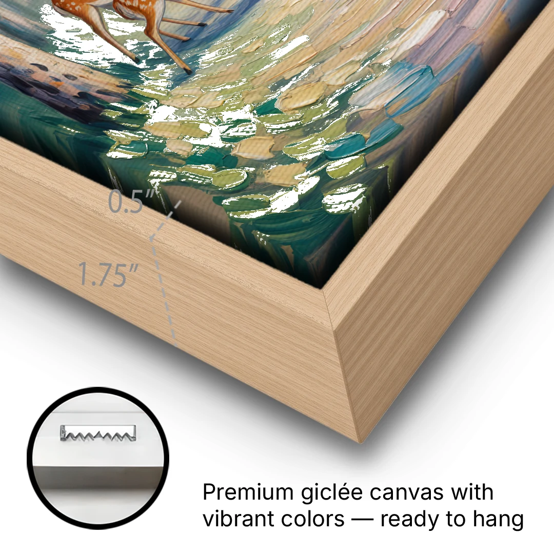 Pastoral Deer Family - Oak Framed Canvas Wall Art - Gallery Wrap Corner