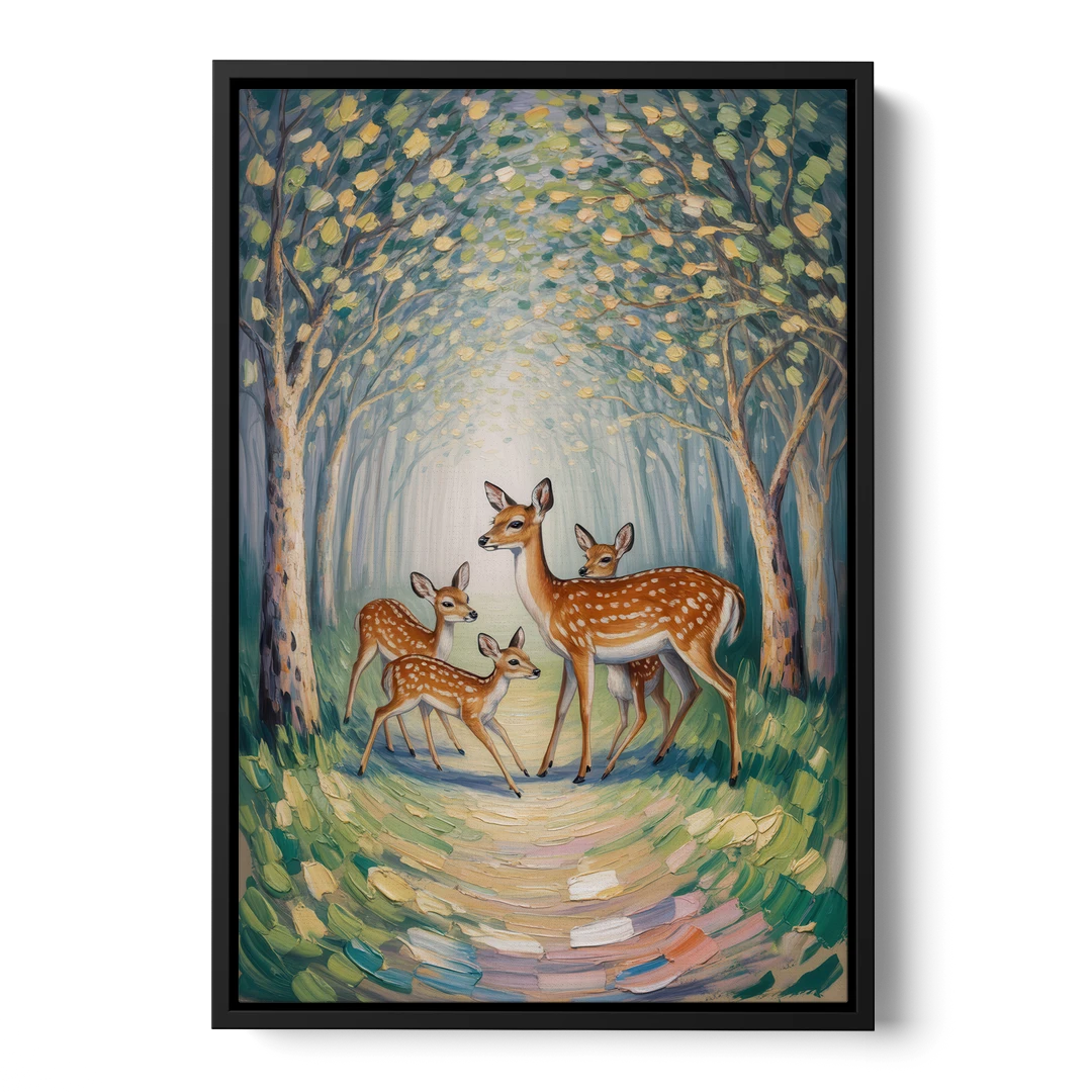 Pastoral Deer Family - Black Framed Canvas Wall Art - Front