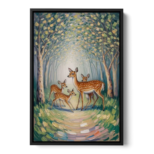 Pastoral Deer Family - Black Framed Canvas Wall Art - Front