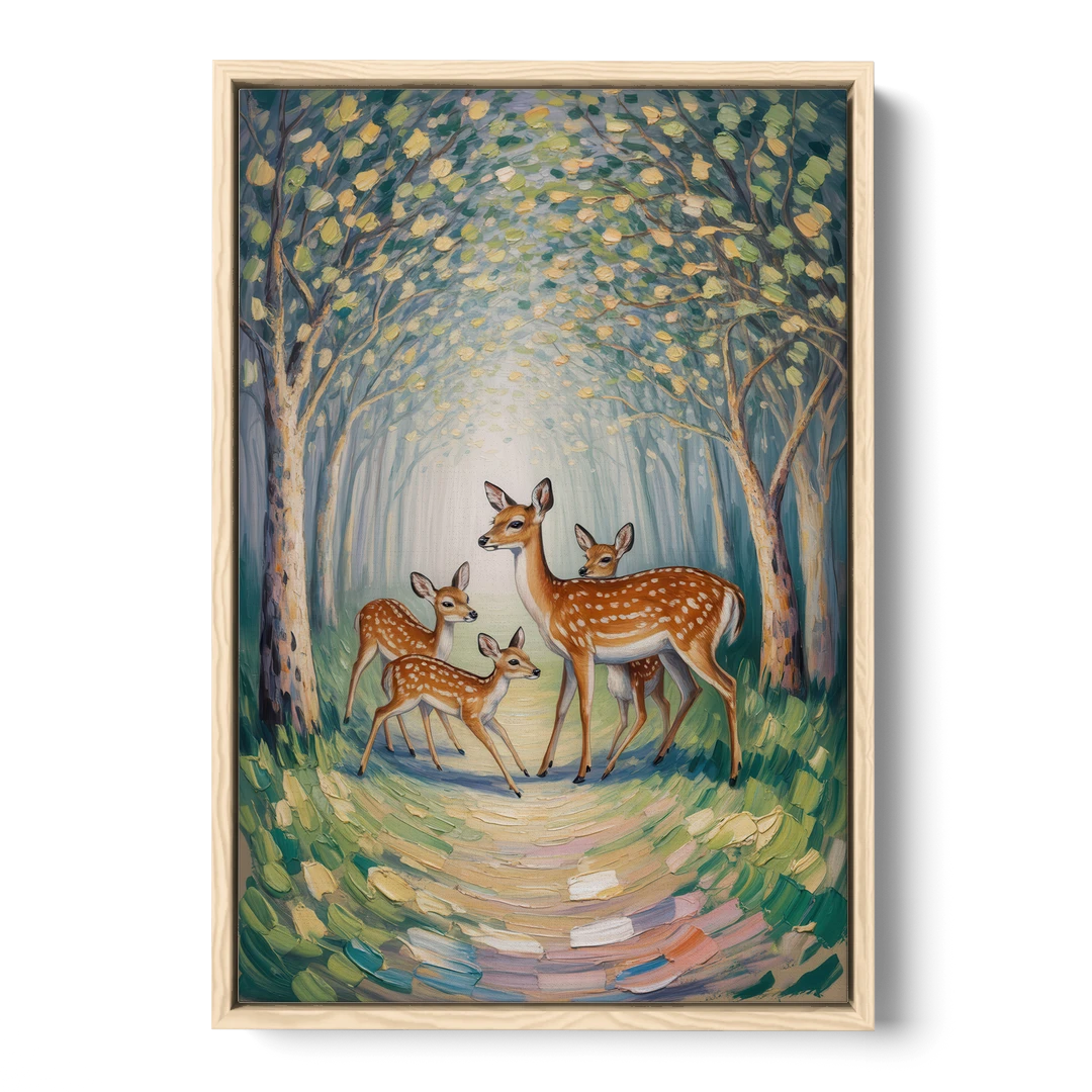 Pastoral Deer Family - Oak Framed Canvas Wall Art - Front