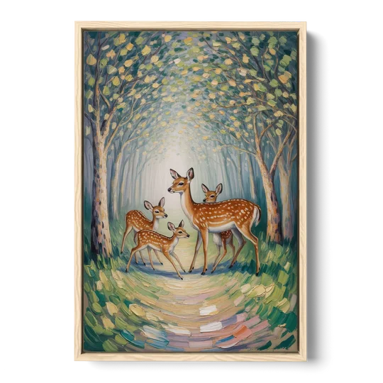 Pastoral Deer Family - Oak Framed Canvas Wall Art - Front
