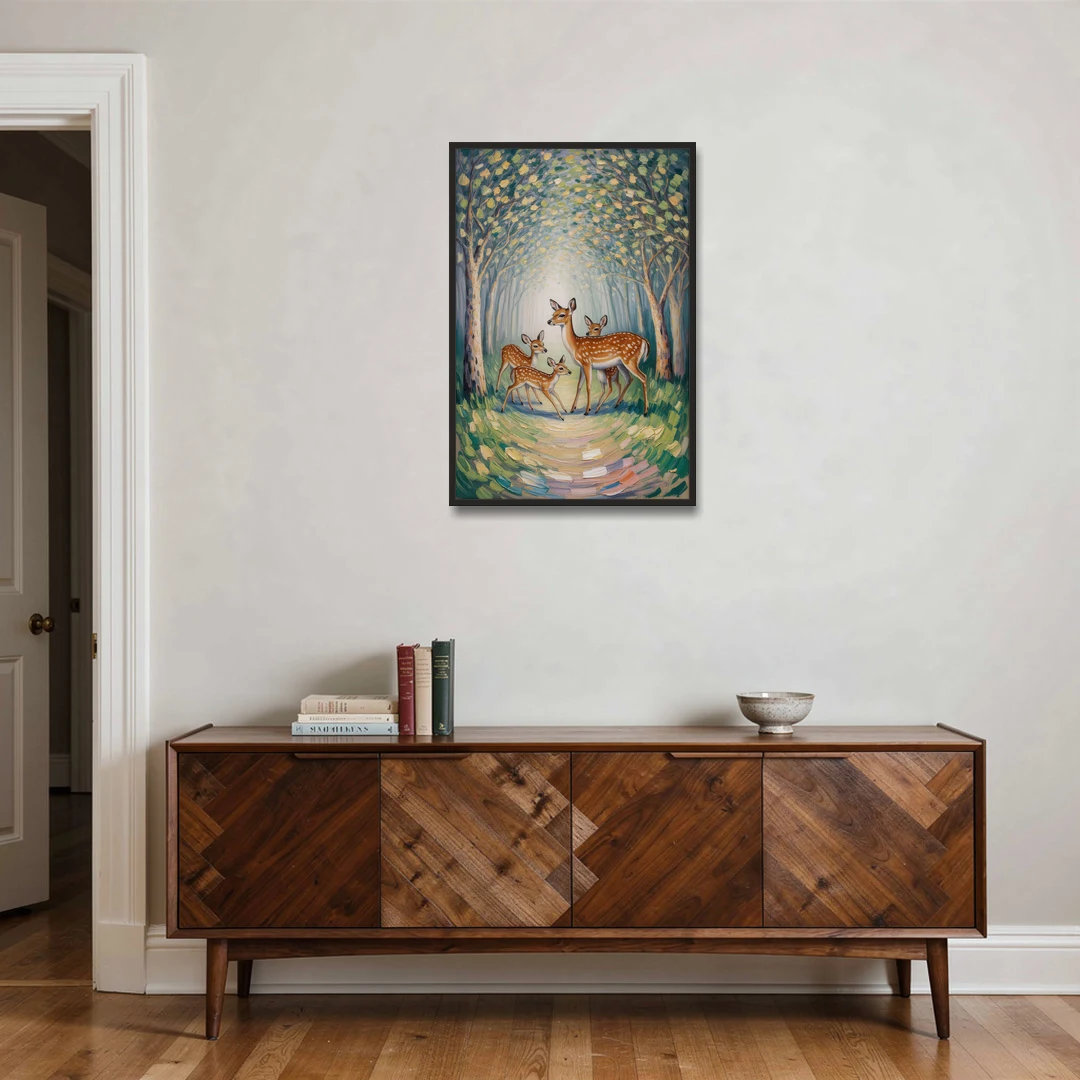 Pastoral Deer Family - Black Framed Canvas Wall Art - Coffee Table - 24x36