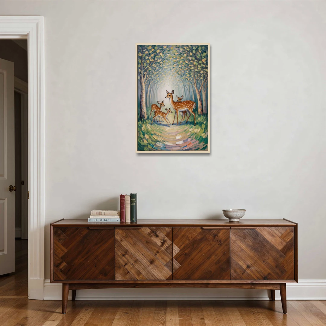 Pastoral Deer Family - Oak Framed Canvas Wall Art - Coffee Table - 24x36
