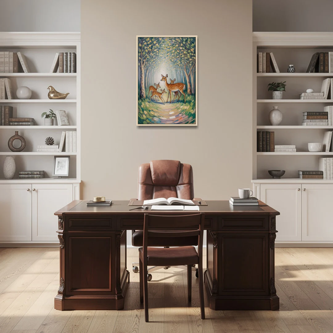 Pastoral Deer Family - Oak Framed Canvas Wall Art - Office - 24x36