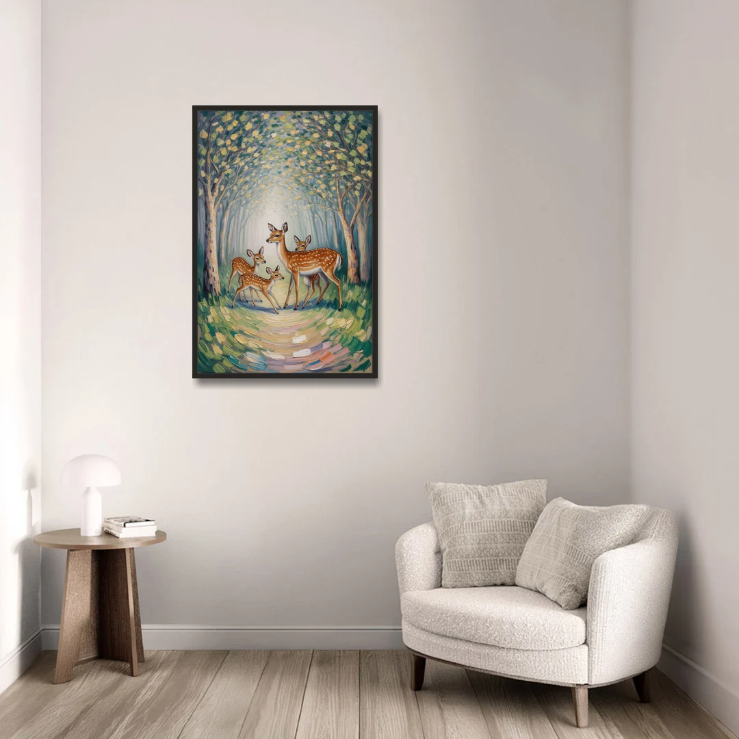 Pastoral Deer Family - Black Framed Canvas Wall Art - Sofa - 24x36