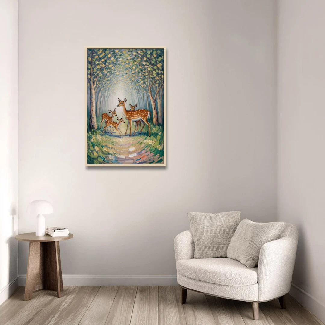 Pastoral Deer Family - Oak Framed Canvas Wall Art - Sofa - 24x36