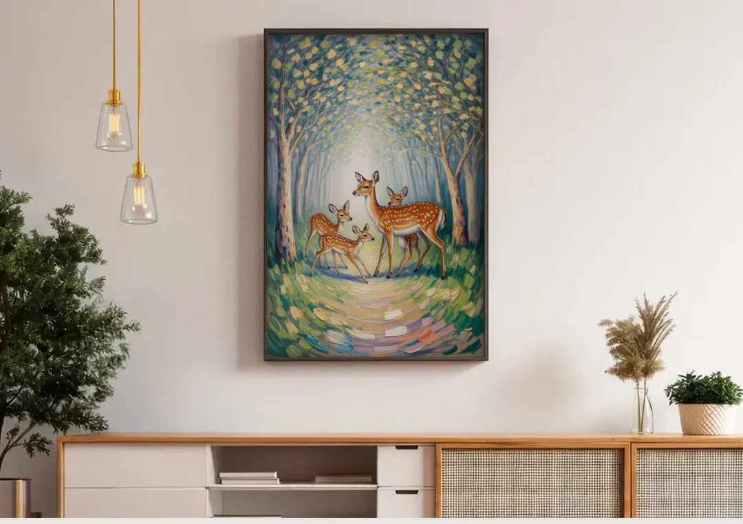 Pastoral Deer Family canvas wall art above a wooden sideboard under pendant lights