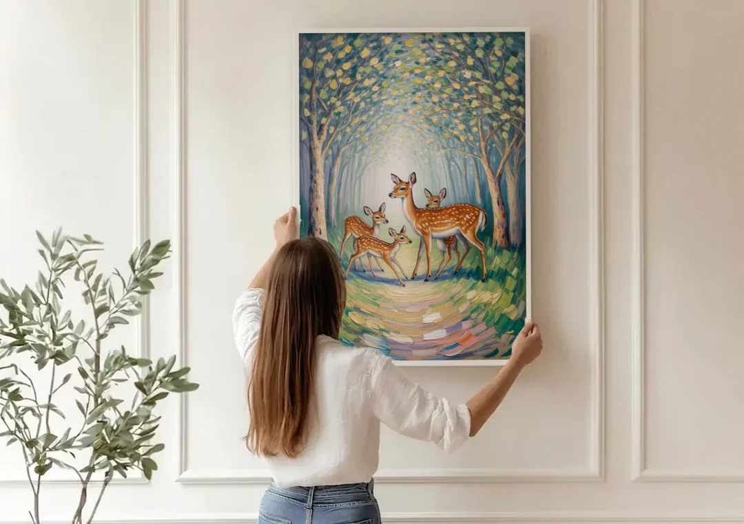 Pastoral Deer Family canvas wall art being hung on a paneled wall