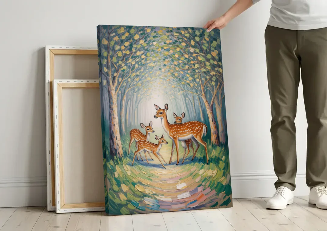 Pastoral Deer Family canvas wall art leaning against a wall next to blank canvases