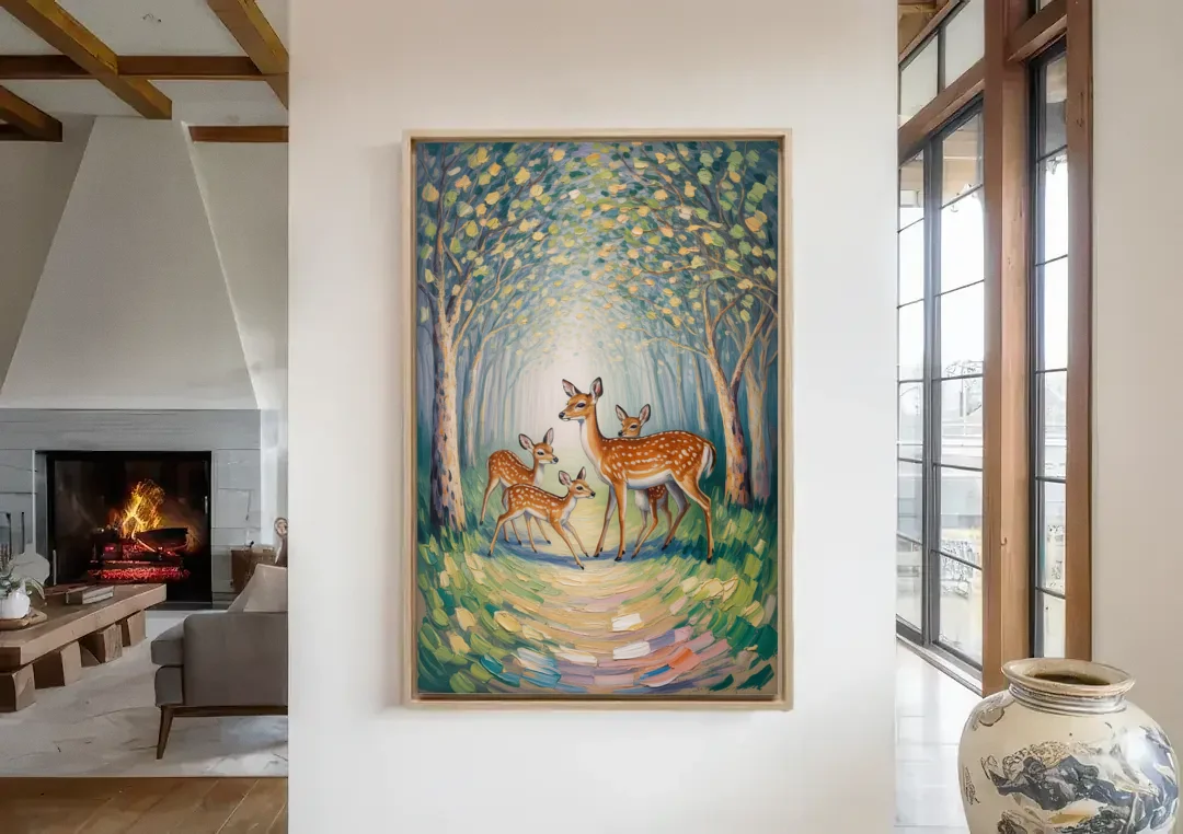 Pastoral Deer Family canvas wall art in a living room with a fireplace