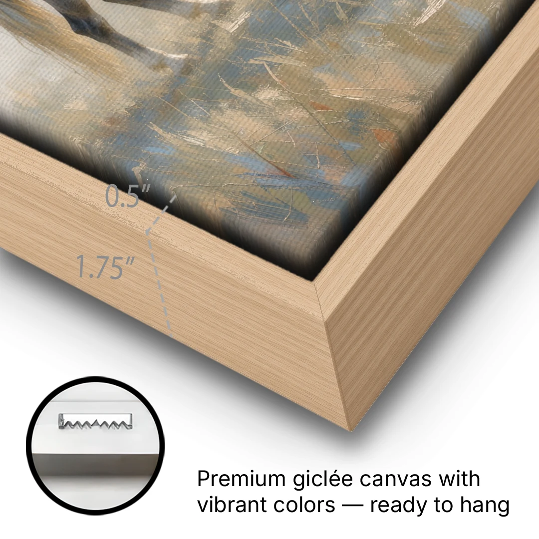 Pastoral Painting of a Dapple Gray Mare at Dawn - Oak Framed Canvas Wall Art - Gallery Wrap Corner