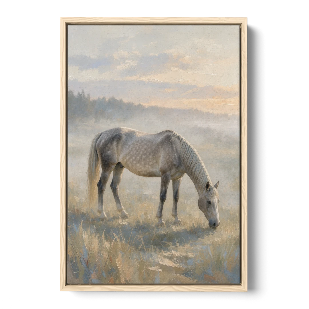 Pastoral Painting of a Dapple Gray Mare at Dawn - Oak Framed Canvas Wall Art - Front