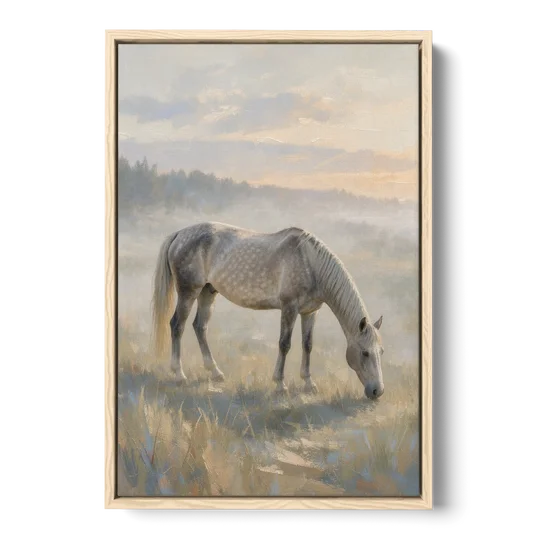 Pastoral Painting of a Dapple Gray Mare at Dawn - Oak Framed Canvas Wall Art - Front