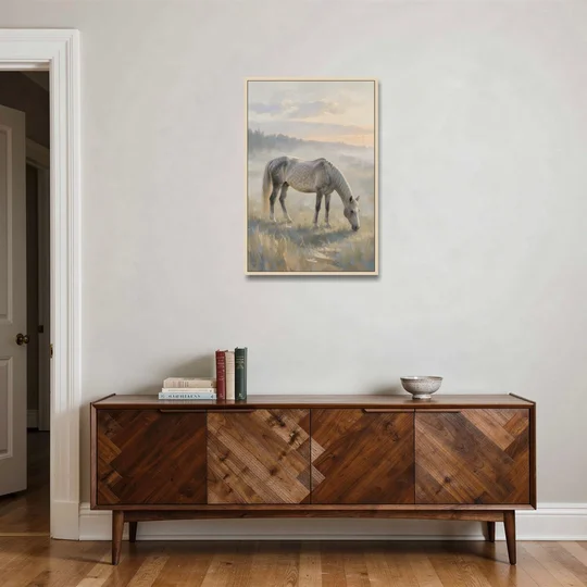 Pastoral Painting of a Dapple Gray Mare at Dawn - Oak Framed Canvas Wall Art - Coffee Table - 24x36