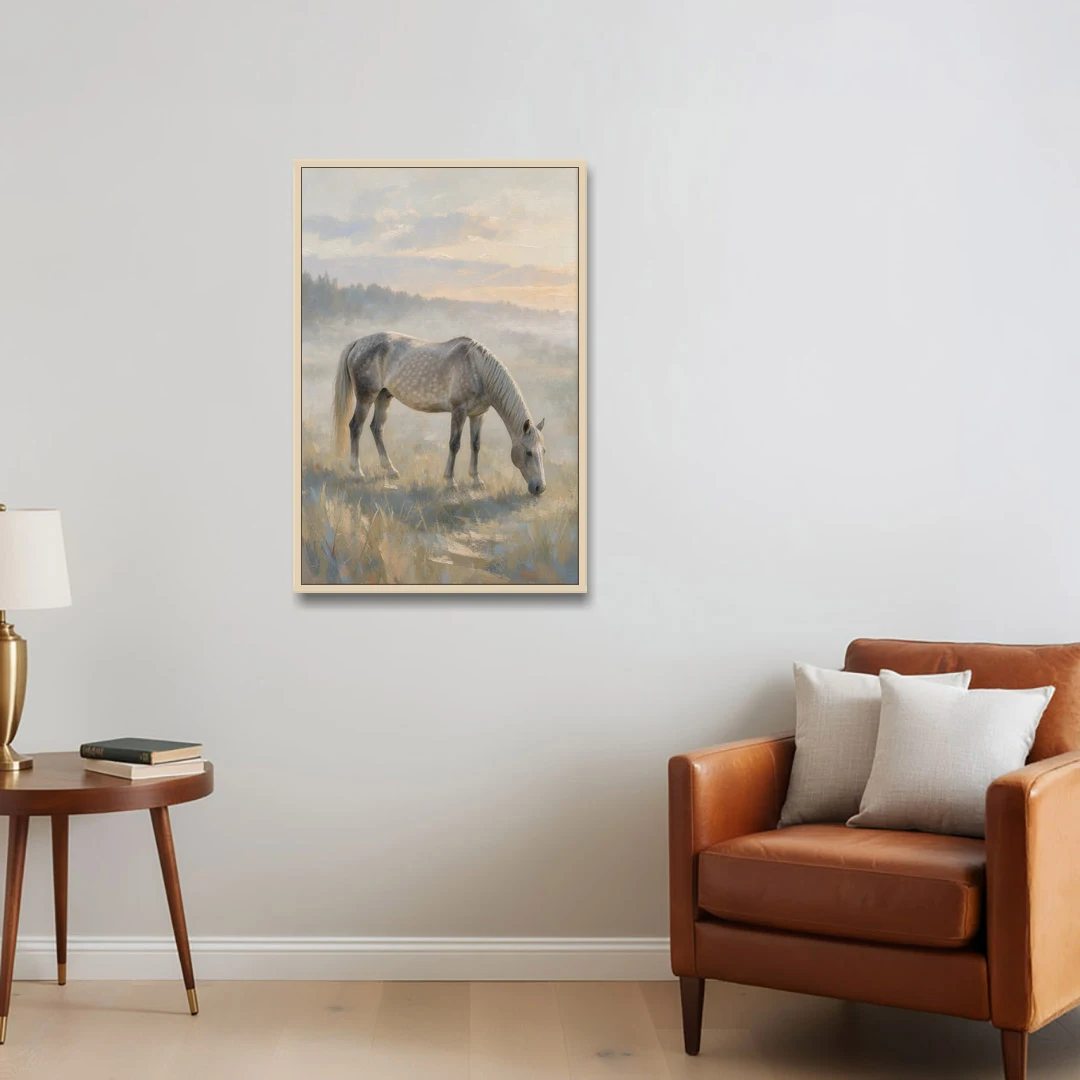 Pastoral Painting of a Dapple Gray Mare at Dawn - Oak Framed Canvas Wall Art - Sofa - 24x36