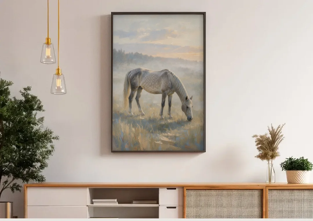 Pastoral Painting of a Dapple Gray Mare at Dawn canvas wall art above a wooden sideboard under pendant lights