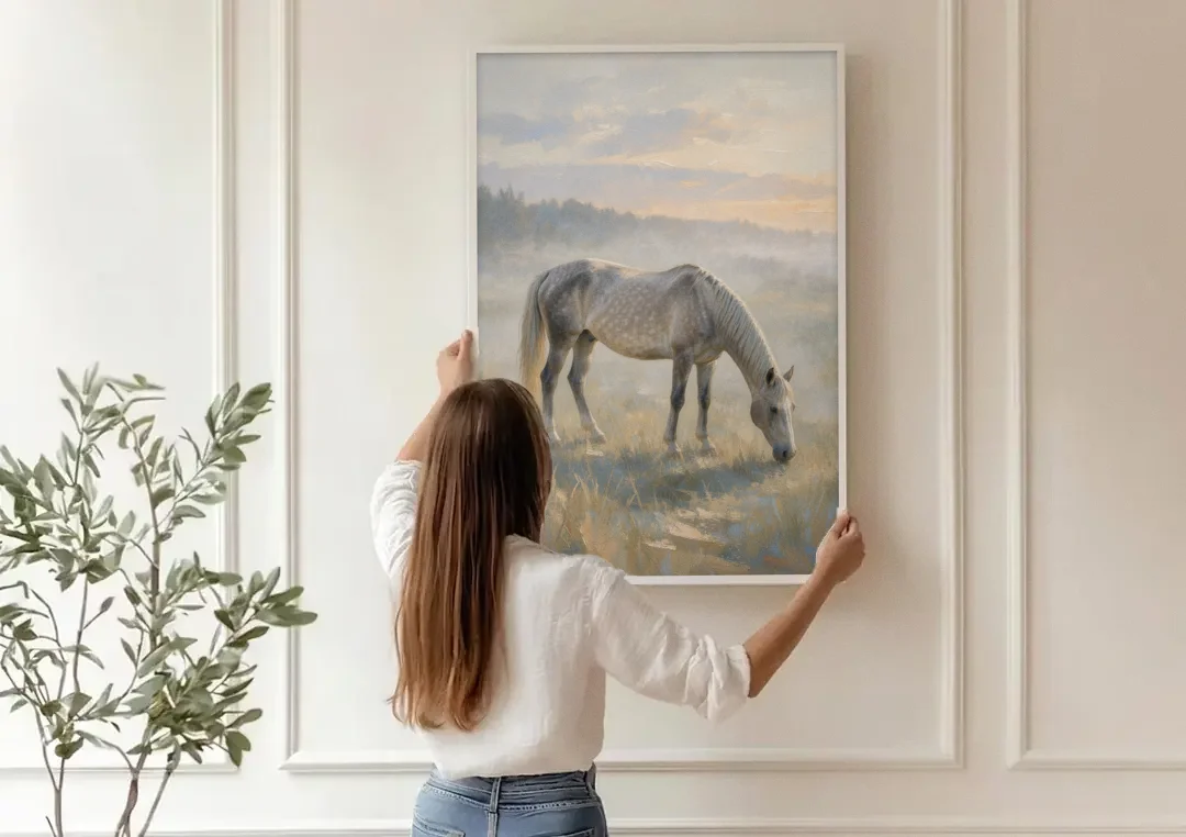 Pastoral Painting of a Dapple Gray Mare at Dawn canvas wall art being hung on a paneled wall