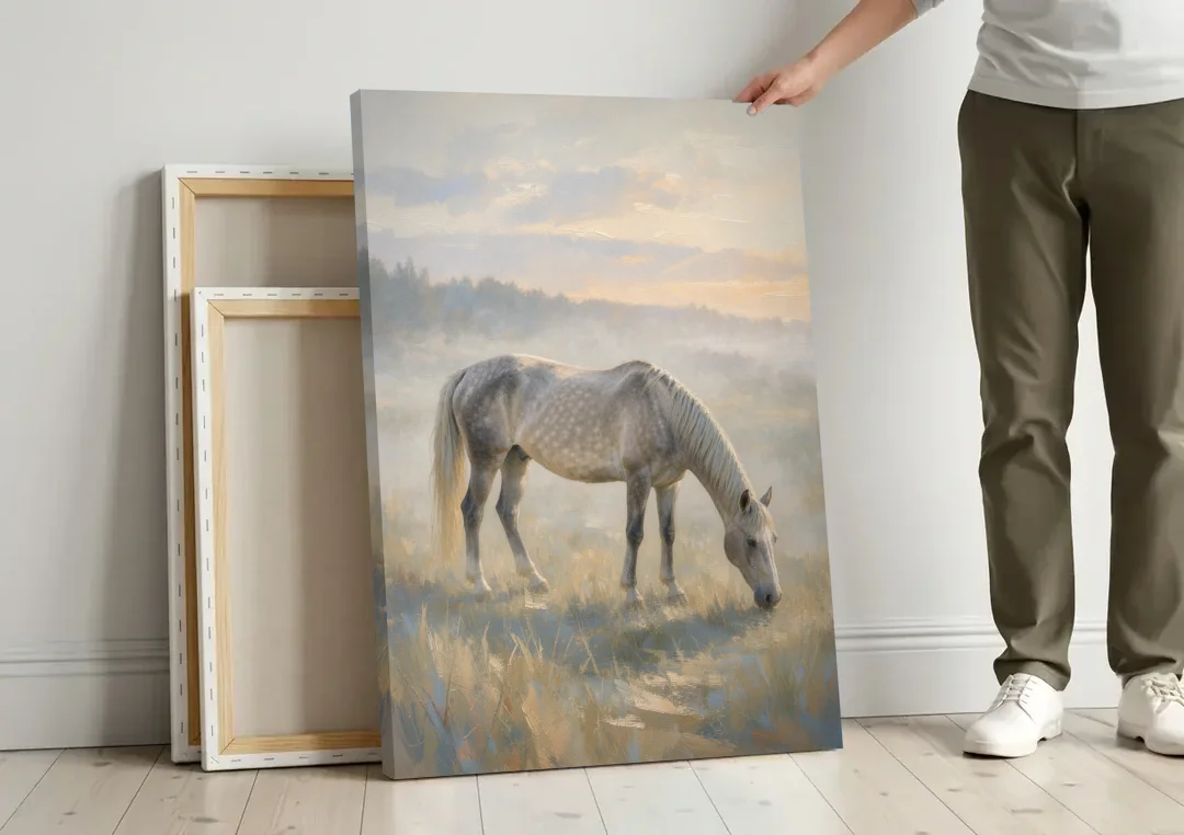 Pastoral Painting of a Dapple Gray Mare at Dawn canvas wall art leaning against a wall next to blank canvases