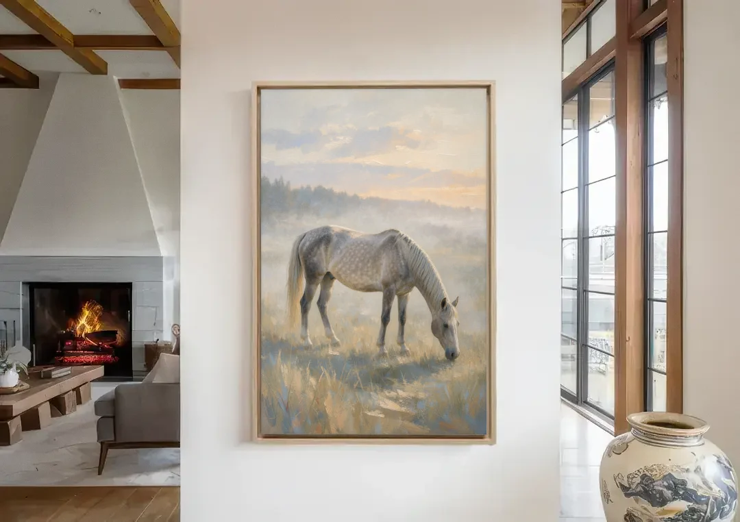 Pastoral Painting of a Dapple Gray Mare at Dawn canvas wall art in a living room with a fireplace
