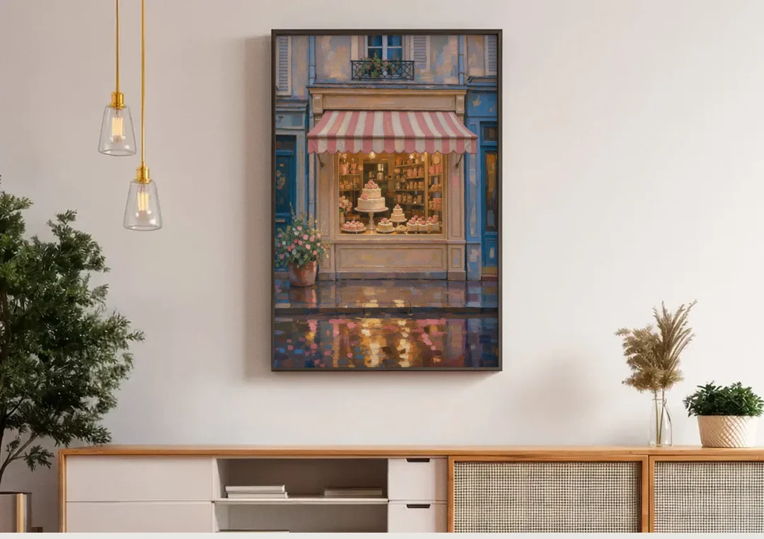 Pastry Painting of a Patisserie at Blue Dusk canvas wall art above a wooden sideboard under pendant lights