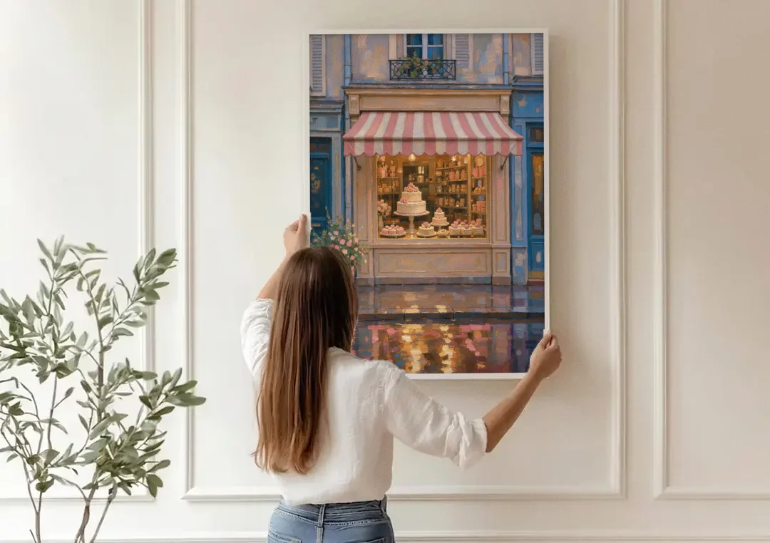 Pastry Painting of a Patisserie at Blue Dusk canvas wall art being hung on a paneled wall