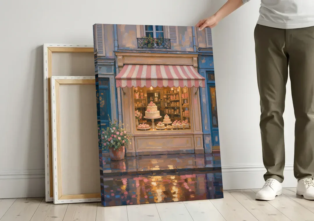 Pastry Painting of a Patisserie at Blue Dusk canvas wall art leaning against a wall next to blank canvases