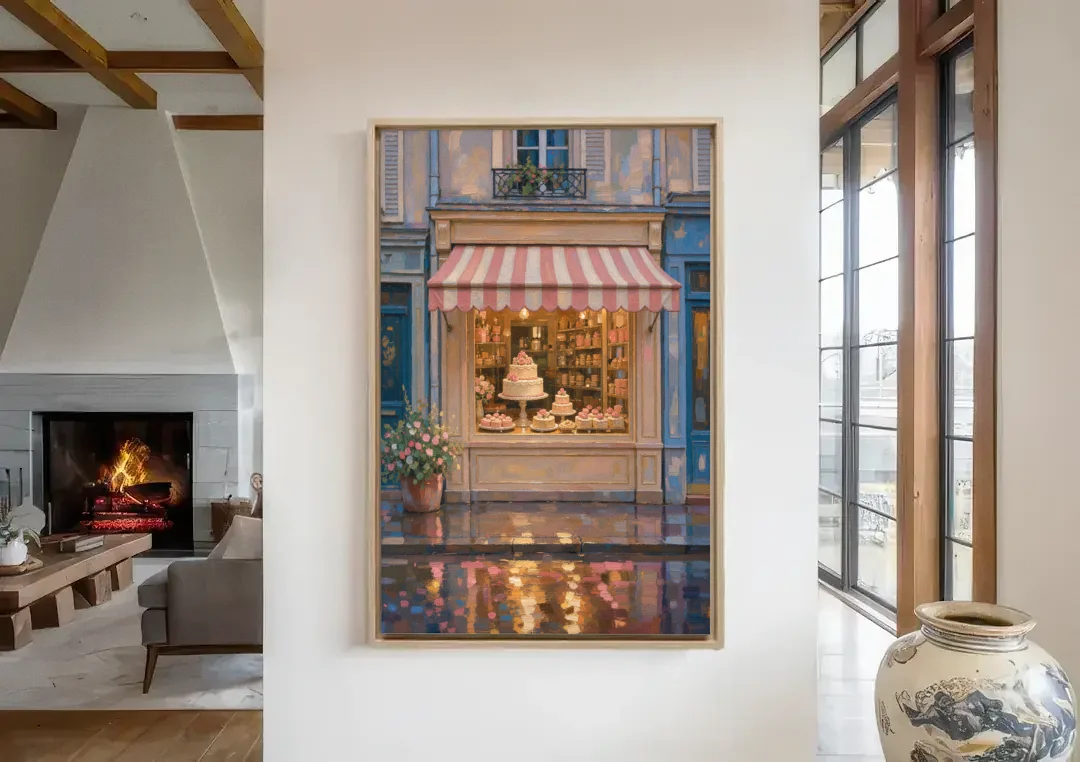 Pastry Painting of a Patisserie at Blue Dusk canvas wall art in a living room with a fireplace