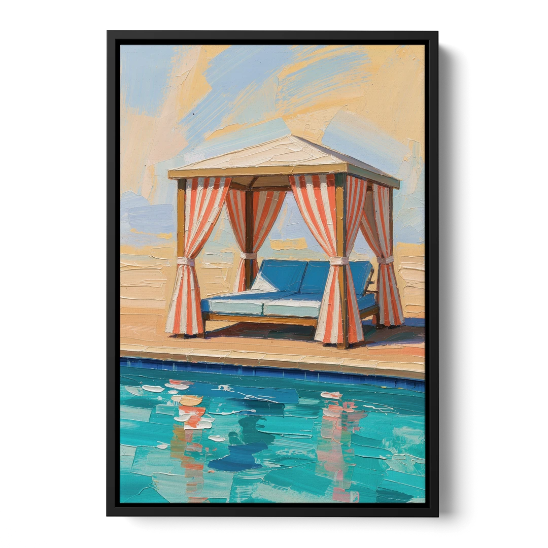 Patio Wall Art Coral Striped Cabana by the Pool - Black Framed Canvas Wall Art - Front