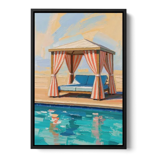 Patio Wall Art Coral Striped Cabana by the Pool - Black Framed Canvas Wall Art - Front