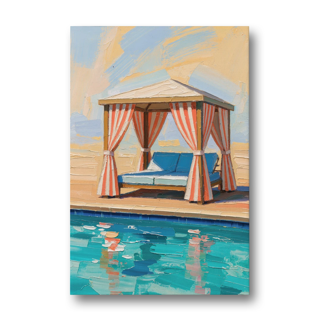 Patio Wall Art Coral Striped Cabana by the Pool - Canvas Wall Art - Front