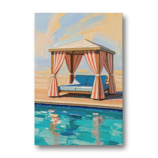 Patio Wall Art Coral Striped Cabana by the Pool - Canvas Wall Art - Front