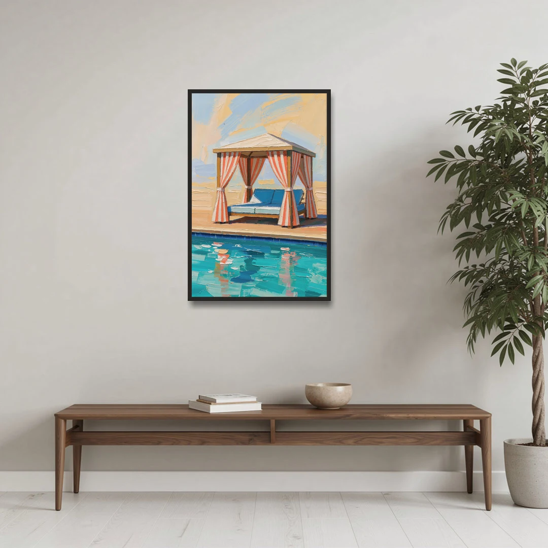 Patio Wall Art Coral Striped Cabana by the Pool - Black Framed Canvas Wall Art - Coffee Table - 24x36