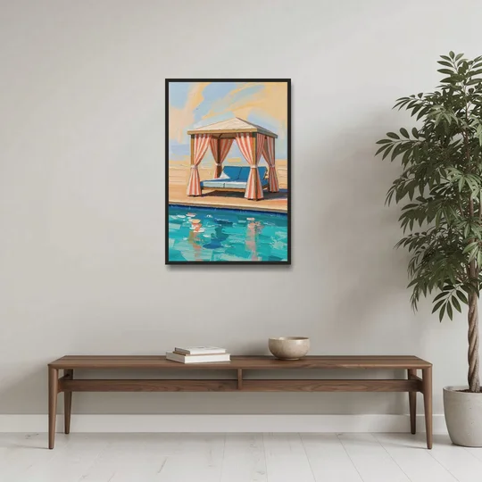 Patio Wall Art Coral Striped Cabana by the Pool - Black Framed Canvas Wall Art - Coffee Table - 24x36