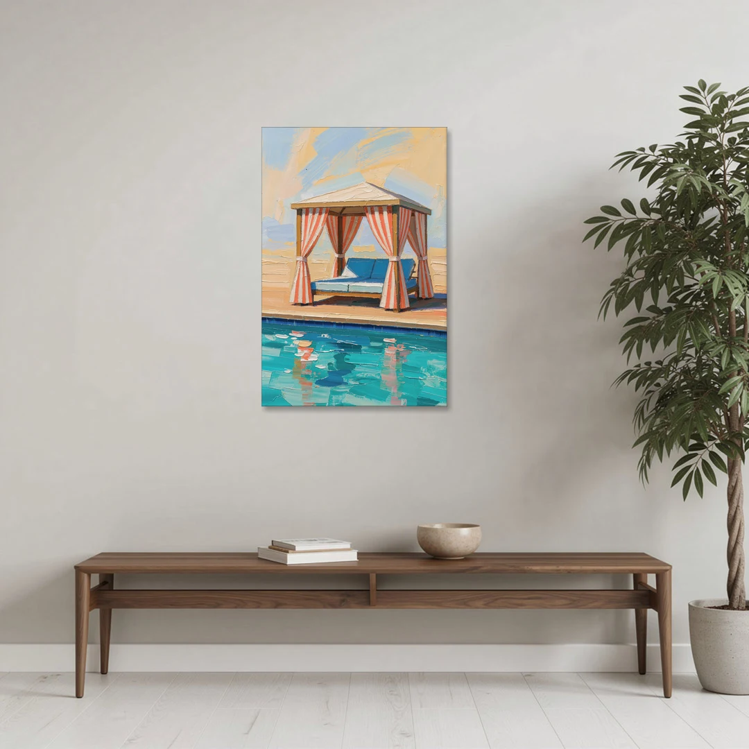 Patio Wall Art Coral Striped Cabana by the Pool - Canvas Wall Art - Coffee Table - 24x36