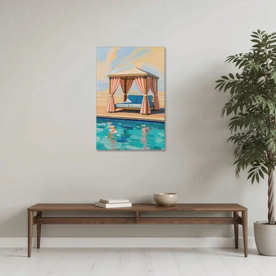 Patio Wall Art Coral Striped Cabana by the Pool - Canvas Wall Art - Coffee Table - 24x36