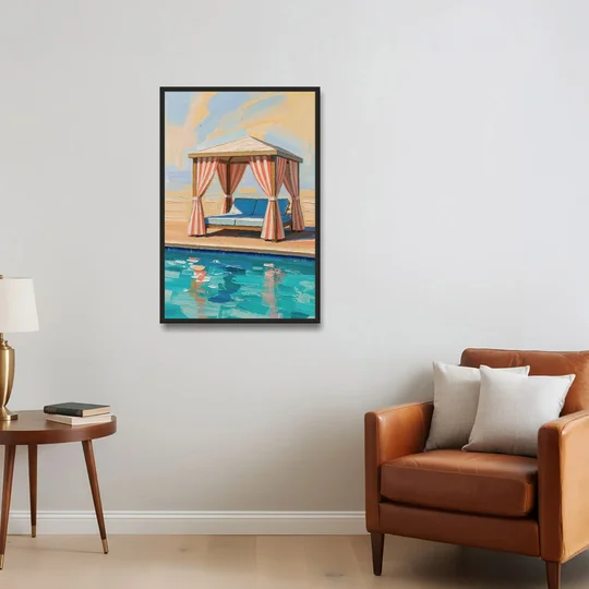 Patio Wall Art Coral Striped Cabana by the Pool - Black Framed Canvas Wall Art - Sofa - 24x36