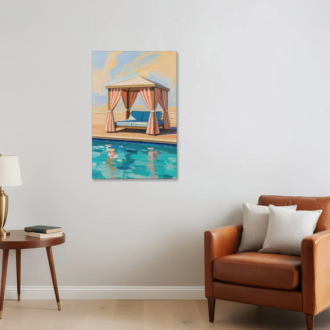Patio Wall Art Coral Striped Cabana by the Pool - Canvas Wall Art - Sofa - 24x36