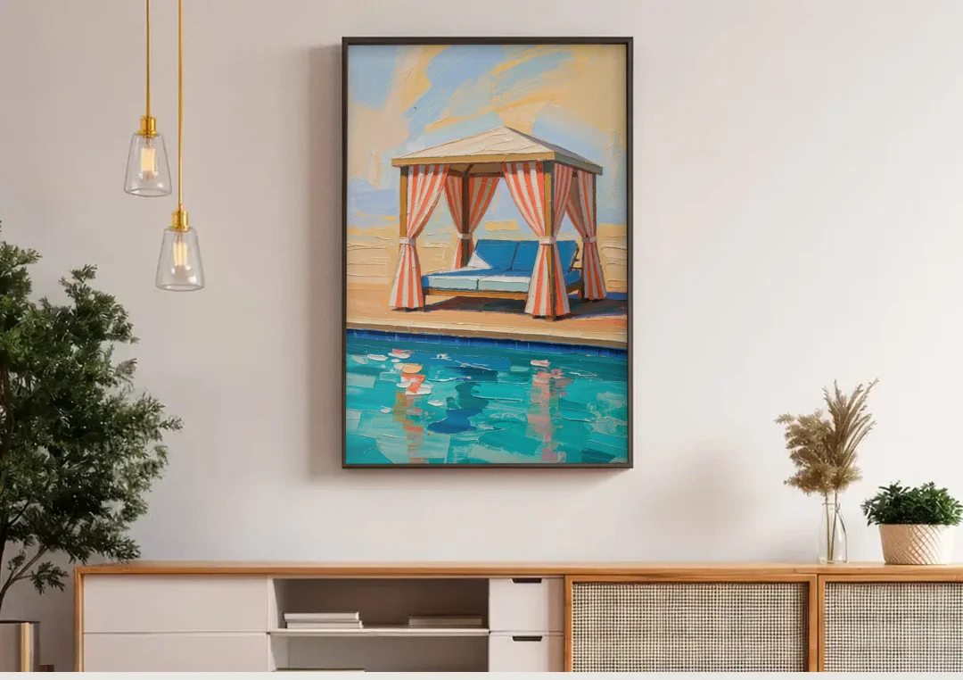 Patio Wall Art Coral Striped Cabana by the Pool canvas wall art above a wooden sideboard under pendant lights