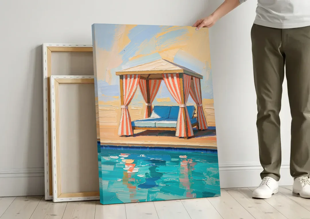Patio Wall Art Coral Striped Cabana by the Pool canvas wall art leaning against a wall next to blank canvases