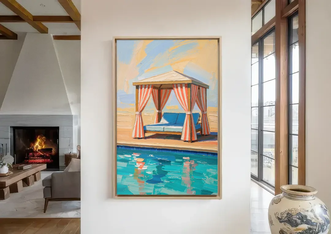 Patio Wall Art Coral Striped Cabana by the Pool canvas wall art in a living room with a fireplace