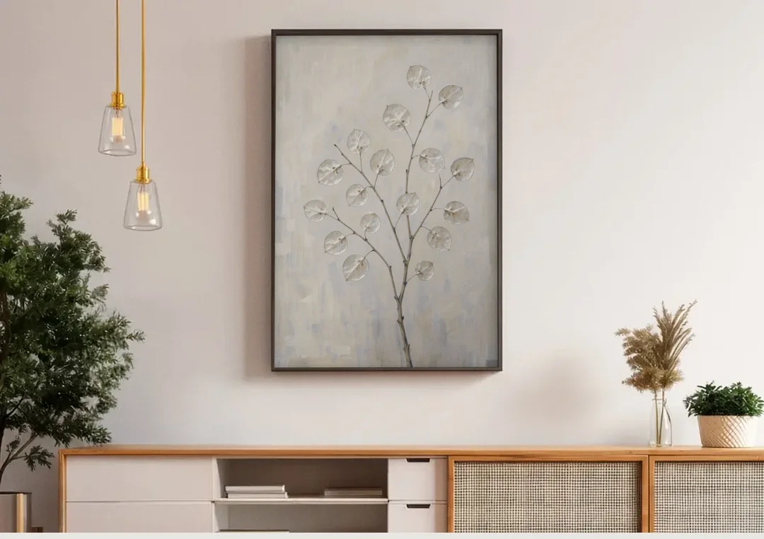 Peaceful Bedroom Art of a Silver Honesty Branch canvas wall art above a wooden sideboard under pendant lights